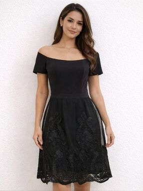 Francesca's Collections Black Off-Shoulder Lace A-Line Dress Size Medium